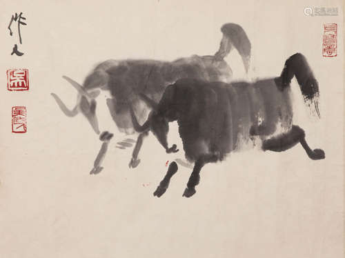 WU ZUOREN, TWO BULLS PAPER PAINTING