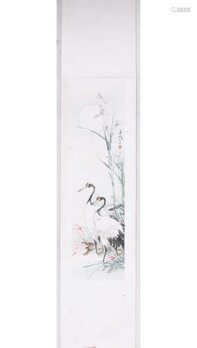 WANG XUETAO, TWO CRANE PAPER PAINTING SCROLL