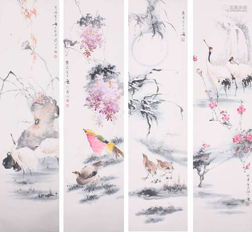 HUANG HUANWU, FOUR CHINESE FLOWER AND BIRD PAINTING PAPER SC...