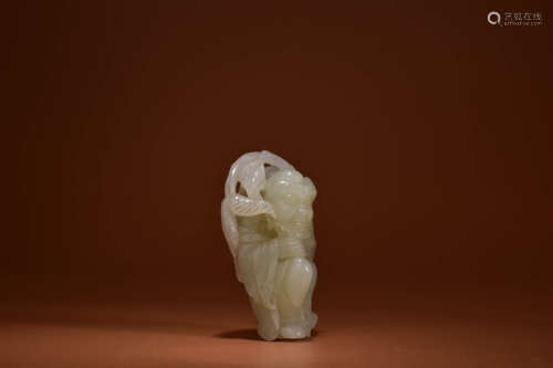 A GREY AND WHITE JADE CARVING OF ARHAT