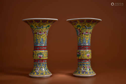 A PAIR OF FAMILLE ROSE LOTUS GU VASES