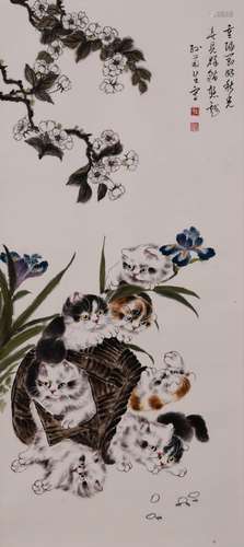 SUN JUSHENG, CAT GROUP PAPER PAINTING SCROLL