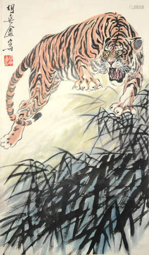 HU SHUANG’AN TIGER AND BAMBOO PAPER PAINTING SCROLL