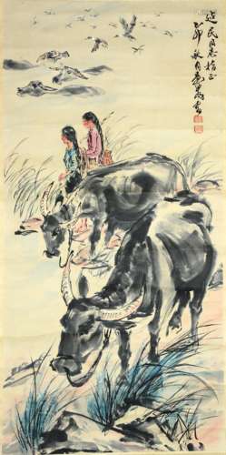 HUANG ZHOU, BULL AND FIGURE PAPER PAINTING SCROLL