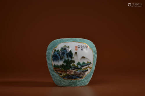 A TURQUOISE-GROUND LANDSCAPE WATER POT