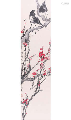 WANG ZIWU, MAGPIE AND PRUNUS PAPER PAINTING SCROLL