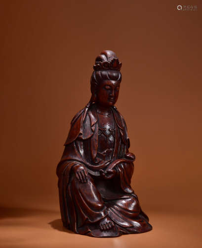A CARVED BAMBOO STATUE OF GUANYIN WITH RUYI