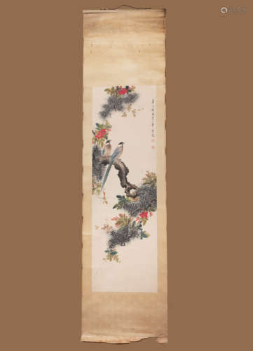 YAN BOLONG, FLOWER AND BIRD PAPER PAINTING SCROLL