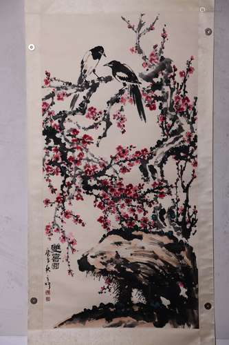 SUN QIFENG, MAGPIE AND PRUNUS PAPER PAINTING SCROLL