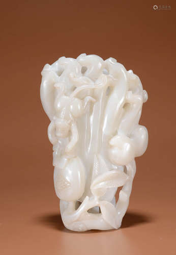 A HETIAN JADE POMEGRANATE AND MONKEY BRUSH POT