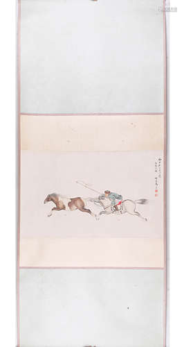 MA JIN, GRASSLAND HORSING PAPER PAINTING SCROLL