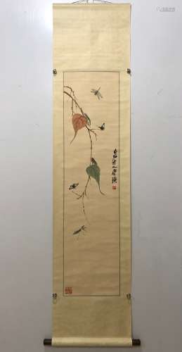 QI BAISHI, FLOWER AND INSECT PAPER PAINTING SCROLL