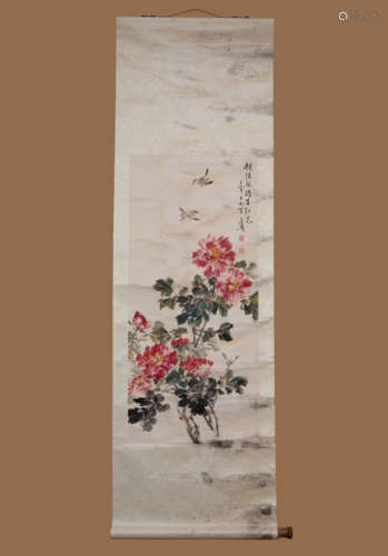 WANG XUETAO, FLOWER AND BIRD PAPER PAINTING SCROLL