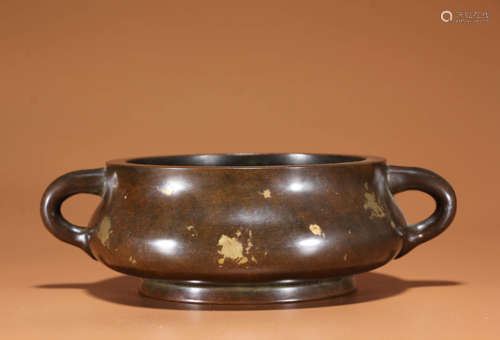 A GOLD-SPLASHED BRONZE DOUBLE-EARED CENSER, MARK ‘SHIGUZHIBA...