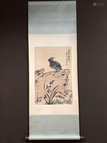 LI KUCHAN, FLOWER AND BIRD PAPER PAINTING SCROLL