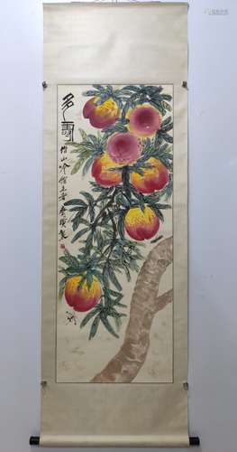 QI BAISHI, PEACHES PAPER PAINTING SCROLL