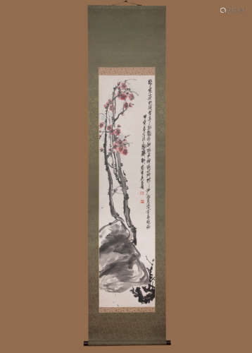 WU CHANGSHUO, PLUM BLOSSOM AND STONE PAPER PAINTING SCROLL
