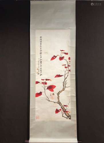 ZHANG DAQIAN, FLOWER AND BIRD PAPER PAINTING SCROLL