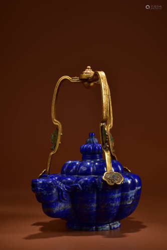 A GILT DECO LAPIS LAZULI RAM LOOP-HANDLE POT