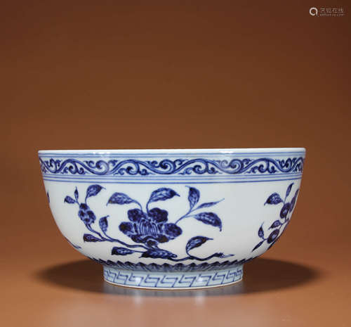 A BLUE AND WHITE FLOWER AND FRUITS BOWL