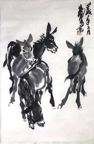 HUANG ZHOU, FOUR DONKEYS PAPER PAINTING