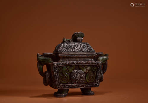 A SILVER INLAYING JASPER DRAGON INCENSE BURNER AND COVER