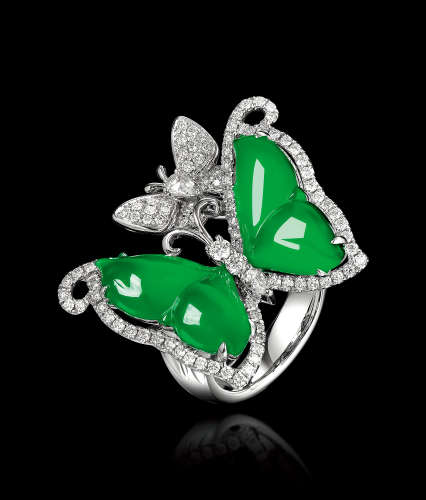 缅甸天然老坑种满绿翡翠配南非钻石18K金镶嵌 时尚蝴蝶翡翠戒指