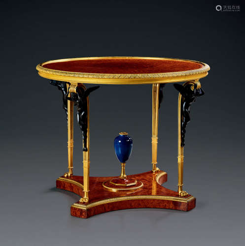 约1910年  法国安波那影木及铜鎏金瓷瓶中央桌