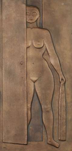 Bronze-Reliefplatte ¨Weiblicher Akt mit Tuch hinter Tür steh...