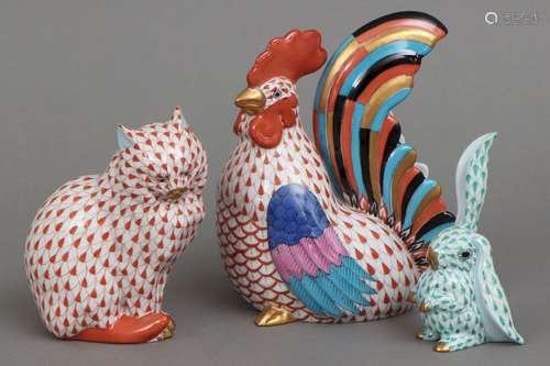 3 HEREND Porzellanfiguren ¨Hahn, Katze und Hase¨