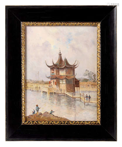 约1890年 19世纪法国画派 上海湖心亭之二 木板油画