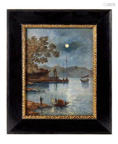 约1890年 19世纪法国画派 上海湖心亭之一 木板油画