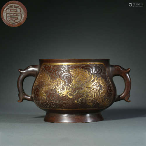 Ming Dynasty,Bronze Gilt Double-Eared Incense Burner