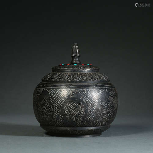 Qing Dynasty,Iron Inlaid silver Eight Treasures Lidded Box