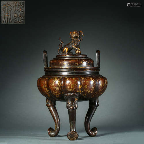 Ming Dynasty,Gold-Traced Copper Incense Burner
