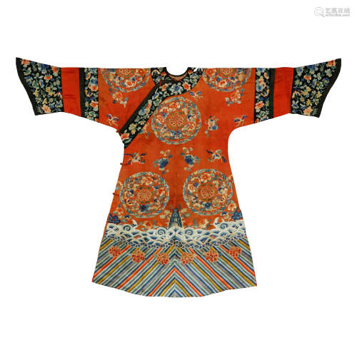 Qing Dynasty,Women's Robe with Eight Flowers on the red Sati...