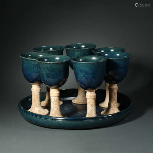 Tang Dynasty,Peacock Blue Glaze Cup and Plate