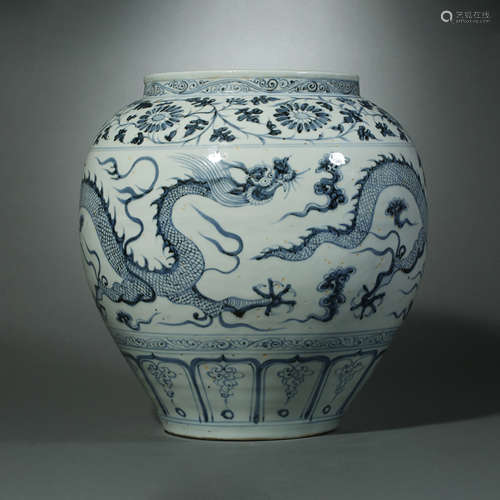 Yuan Dynasty,Blue and White Dragon Pattern Jar