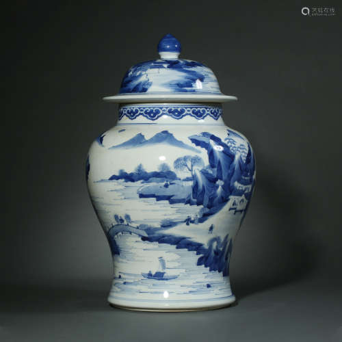 Qing Dynasty,Blue and White Landscape General Jar