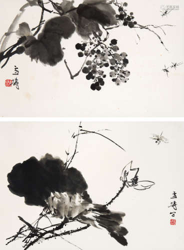 王雪涛（1903～1982） 水墨葡萄  水墨莲蓬 立轴 水墨纸本