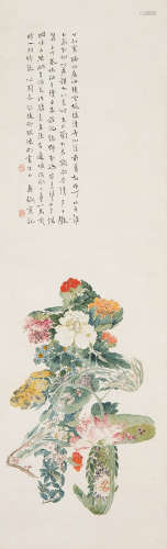 寿石工（1885～1950） “寿”字花卉 镜心 设色纸本