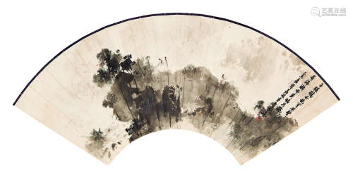 傅益瑶（b.1947） 观瀑图 扇面 水墨纸本