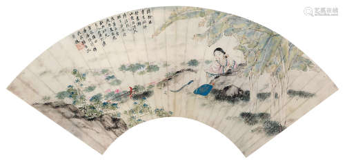 潘振庸（1852～1921） 仕女 扇面 设色纸本