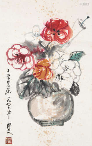 关良（1900～1986） 瓶花 镜片 设色纸本