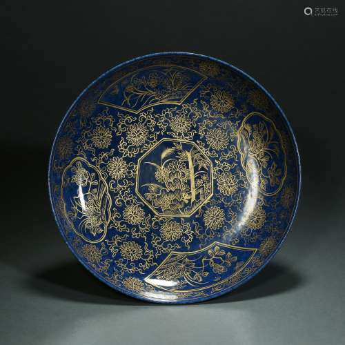 Qing Dynasty, Blue Glaze Depicting Gold Plate