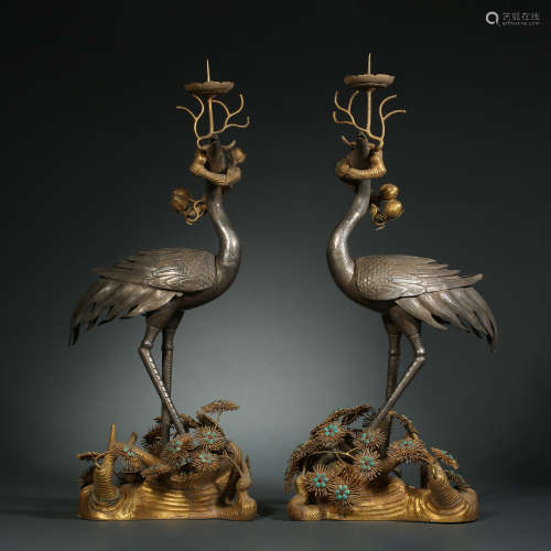 Qing Dynasty,Silver Gilt Double Crane Candlestick