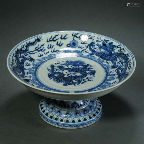 Qing Dynasty, Blue and White High Foot Plate