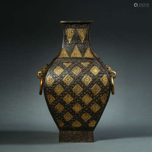 Ming Dynasty, Bronze Glit Sihe Ruyi Square Bottle