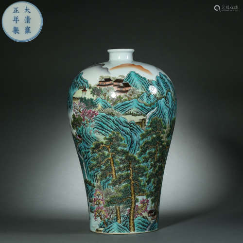 Qing Dynasty,Famille Rose Landscapes Prunus Bottle
