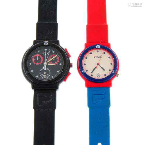 A bag of assorted Fila watches.